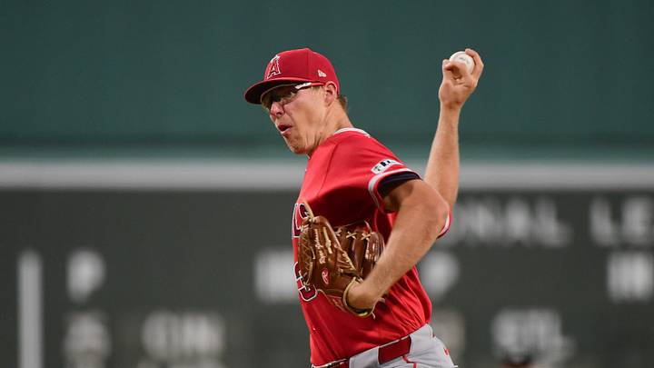Sep 9, 2026; Boston, Massachusetts, USA;  Los Angeles Angels starting pitcher Ryan Johnson (32) pitches during the first inning against the Boston Red Sox at Fenway Park. Mandatory Credit: Bob DeChiara-Imagn Images