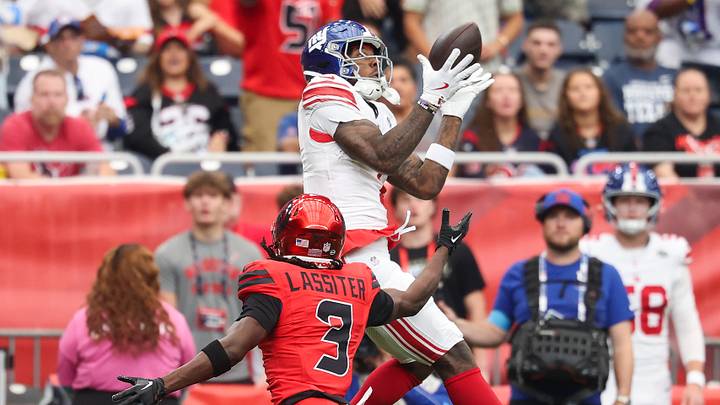 Oct 25, 2026; Houston, Texas, USA; New York Giants wide receiver Malik Nabers (1) makes a reception as Houston Texans cornerback Kamari Lassiter (3) defends during the first quarter at Reliant Stadium. Mandatory Credit: Troy Taormina-Imagn Images Oct 25, 2026; Houston, Texas, USA; New York Giants wide receiver Malik Nabers (1) makes a reception as Houston Texans cornerback Kamari Lassiter (3) defends during the first quarter at Reliant Stadium. Mandatory Credit: Troy Taormina-Imagn Images