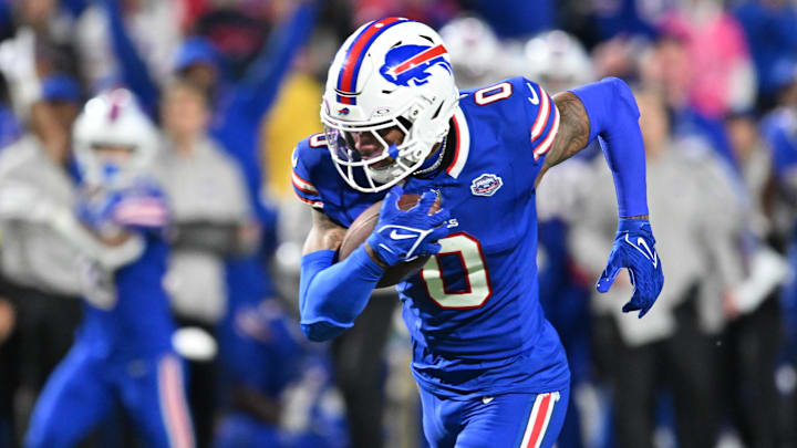 Sep 7, 2025; Orchard Park, New York, USA;  Buffalo Bills wide receiver Keon Coleman (0) runs the ball during the fourth quarter against the Baltimore Raven