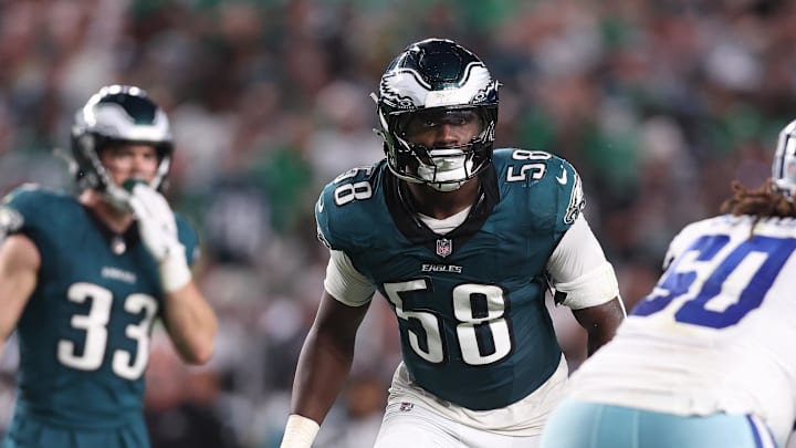 Sep 4, 2025; Philadelphia, Pennsylvania, USA; Philadelphia Eagles linebacker Jalyx Hunt (58) in a game against the Dallas Cowboys at Lincoln Financial Field. Mandatory Credit: Bill Streicher-Imagn Images