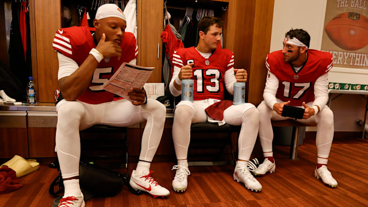 San Francisco 49ers quarterbacks Joshua Dobbs (L), Brock Purdy (C) and Brandon Allen (R)