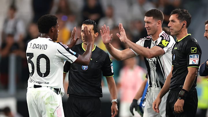 Juventus have a wealth of strikers this season, with Lois Openda joining Jonathan David, left, and Dusan Vlahovic, right
