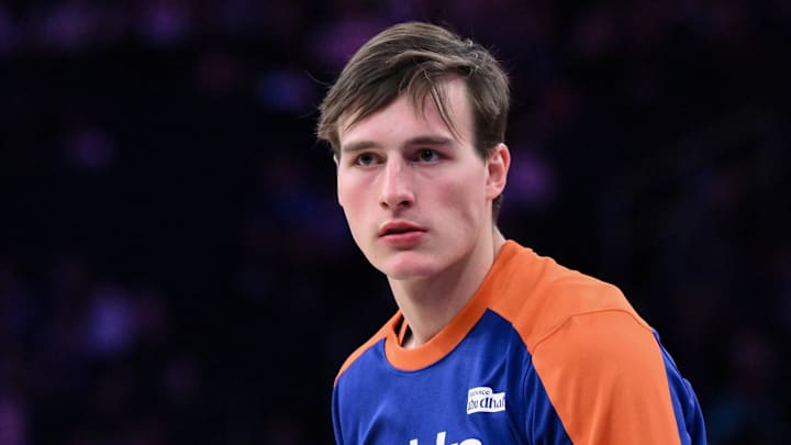 Oct 28, 2024; New York, New York, USA; New York Knicks guard Tyler Kolek (13) during a game against the Cleveland Cavaliers at Madison Square Garden. Mandatory Credit: John Jones-Imagn Images