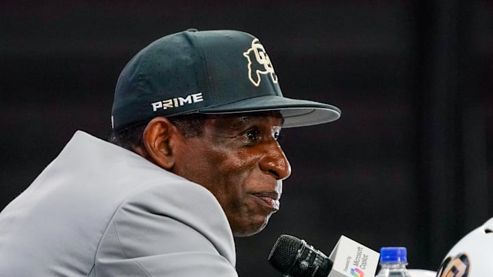 Jul 9, 2025; Frisco, TX, USA; Colorado head coach Deion Sanders speaks with the media during 2025 Big 12 Football Media Days at The Star. Mandatory Credit: Raymond Carlin III-Imagn Images