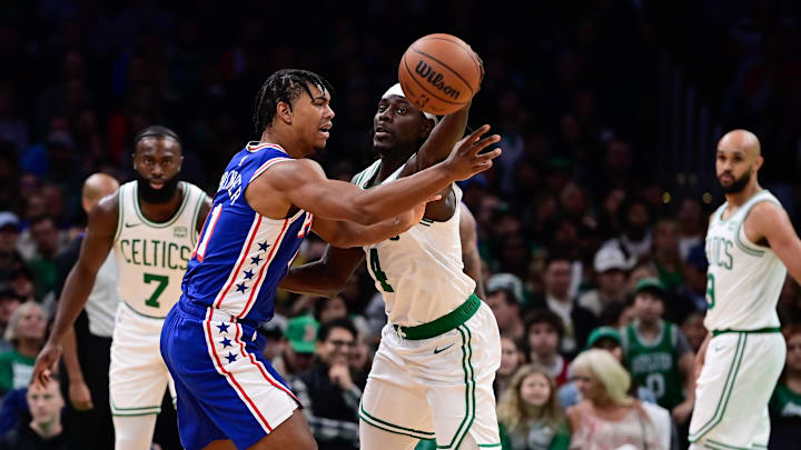 Oct 8, 2023; Boston, Massachusetts, USA; Boston Celtics guard Jrue Holiday (4) breaks up a pass by Philadelphia 76ers guard Jaden Springer (11) during the first half at TD Garden. Mandatory Credit: Eric Canha-Imagn Images Oct 8, 2023; Boston, Massachusetts, USA; Boston Celtics guard Jrue Holiday (4) breaks up a pass by Philadelphia 76ers guard Jaden Springer (11) during the first half at TD Garden. Mandatory Credit: Eric Canha-Imagn Images