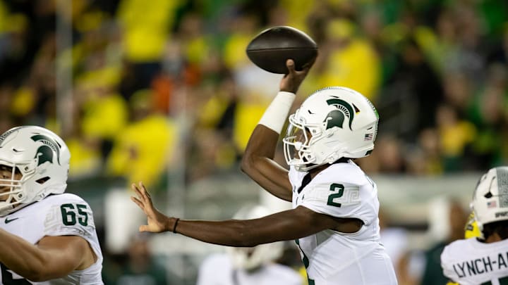 Michigan State Spartans quarterback Aidan Chiles throws out a pass as the Ducks host the Spartans Friday, Oct. 4, 2024 at Autzen Stadium in Eugene, Ore.