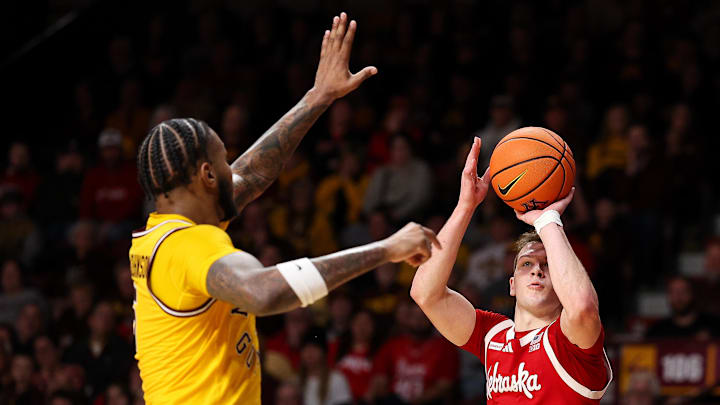 Nebraska guard Cale Jacobsen shoots over Minnesota forward Jaylen Crocker-Johnson during the second half at Williams Arena. 