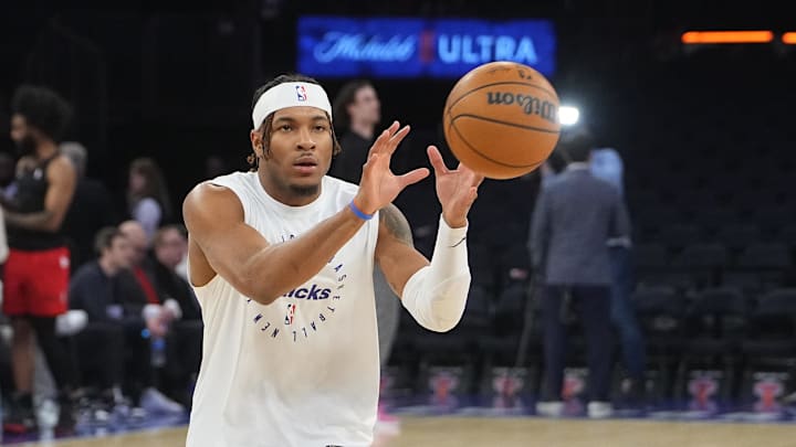 New York Knicks guard Miles McBride warms up prior to the game against the Chicago Bulls. Mandatory Credit: Gregory Fisher-Imagn Images