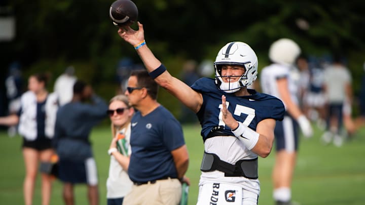 Penn State quarterback Ethan Grunkemeyer throws during practice outside Holuba Hall.