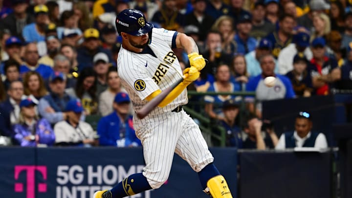 Oct 3, 2024; Milwaukee, Wisconsin, USA; Milwaukee Brewers catcher Gary Sanchez (99) hits a double in the second inning against the New York Mets during game three of the Wildcard round for the 2024 MLB Playoffs at American Family Field. 