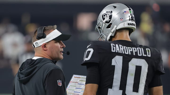 Las Vegas Raiders head coach Josh McDaniels and QB Jimy Garoppolo