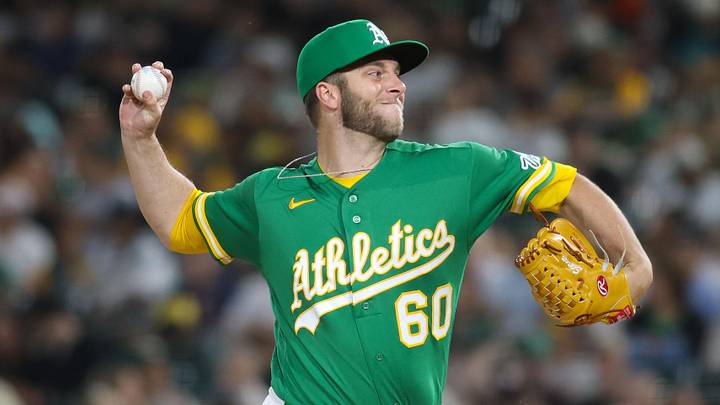 May 1, 2026; West Sacramento, California, USA; Athletics pitcher Justin Sterner (60) throws to a Cleveland Guardians batter during the seventh inning at Sutter Health Park. Mandatory Credit: Scott Marshall-Imagn Images