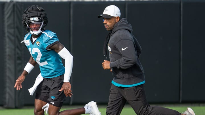 Jacksonville Jaguars wide receiver Travis Hunter (12) works on the defensive side of things during the Jaguar’s 12th NFL training camp session at the Miller Electric Center, Thursday, Aug. 7, 2025, in Jacksonville, Fla. [Doug Engle/Florida Times-Union]