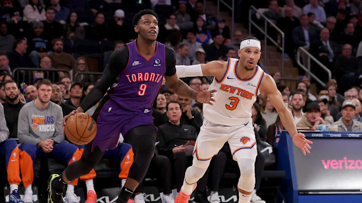 Jan 8, 2025; New York, New York, USA; Toronto Raptors guard RJ Barrett (9) drives to the basket against New York Knicks guard Josh Hart (3) during the second quarter at Madison Square Garden. Mandatory Credit: Brad Penner-Imagn Images