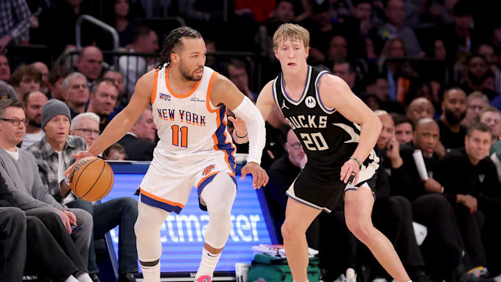 Jan 12, 2025; New York, New York, USA; New York Knicks guard Jalen Brunson (11) controls the ball against Milwaukee Bucks guard AJ Green (20) during the fourth quarter at Madison Square Garden. Mandatory Credit: Brad Penner-Imagn Images Jan 12, 2025; New York, New York, USA; New York Knicks guard Jalen Brunson (11) controls the ball against Milwaukee Bucks guard AJ Green (20) during the fourth quarter at Madison Square Garden. Mandatory Credit: Brad Penner-Imagn Images