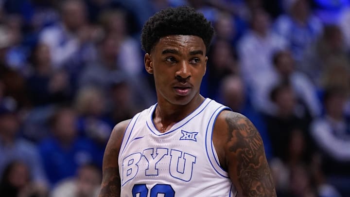 Mar 7, 2026; Provo, Utah, USA; BYU Cougars forward Kennard Davis Jr. (30) looks on during the first half against the Texas Tech Red Raiders at Marriott Center. Mandatory Credit: Aaron Baker-Imagn Images
