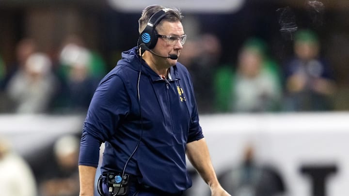 Jan 20, 2025; Atlanta, GA, USA; Notre Dame Fighting Irish defensive coordinator Al Golden against the Ohio State Buckeyes during the CFP National Championship college football game at Mercedes-Benz Stadium. Mandatory Credit: Mark J. Rebilas-Imagn Images