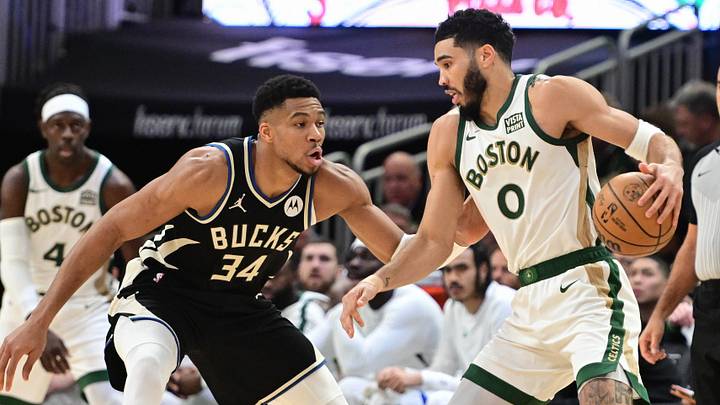 Jan 11, 2024; Milwaukee, Wisconsin, USA; Boston Celtics forward Jayson Tatum (0) drives for the basket against Milwaukee Bucks forward Giannis Antetokounmpo (34) in the second quarter at Fiserv Forum. Mandatory Credit: Benny Sieu-Imagn Images Jan 11, 2024; Milwaukee, Wisconsin, USA; Boston Celtics forward Jayson Tatum (0) drives for the basket against Milwaukee Bucks forward Giannis Antetokounmpo (34) in the second quarter at Fiserv Forum. Mandatory Credit: Benny Sieu-Imagn Images