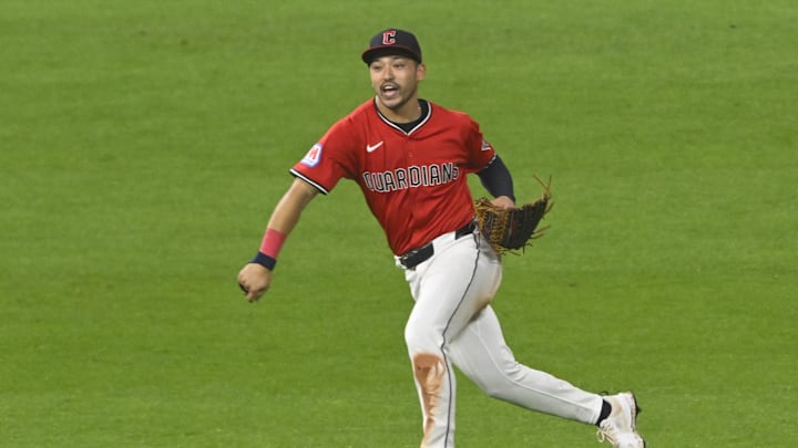 Sep 24, 2025; Cleveland, Ohio, USA; Cleveland Guardians left fielder Steven Kwan (38) celebrates a win over the Detroit Tigers at Progressive Field. Mandatory Credit: David Richard-Imagn Images