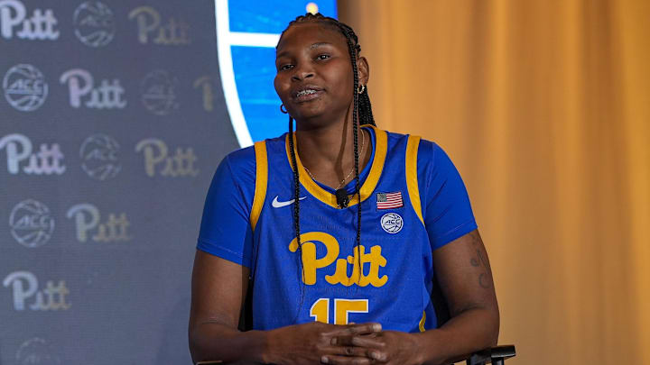 Oct 9, 2024; Charlotte, NC, USA; Pittsburgh player Khadija Faye during ACC Media Days at The Hilton Charlotte Uptown. Mandatory Credit: Jim Dedmon-Imagn Images Oct 9, 2024; Charlotte, NC, USA; Pittsburgh player Khadija Faye during ACC Media Days at The Hilton Charlotte Uptown. Mandatory Credit: Jim Dedmon-Imagn Images