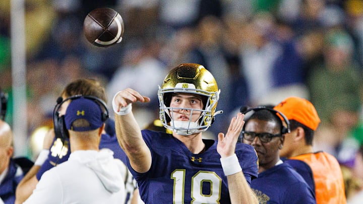 Notre Dame quarterback Steve Angeli (18) throws the ball on the sideline during a NCAA college football game between Notre Dame and Stanford at Notre Dame Stadium on Saturday, Oct. 12, 2024, in South Bend.