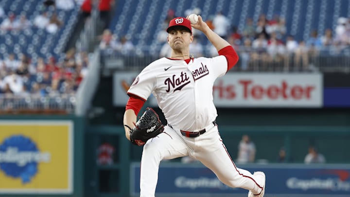 Sep 10, 2024; Washington, District of Columbia, USA; Washington Nationals starting pitcher MacKenzie Gore (1) pitches against the Atlanta Braves during the second inning at Nationals Park. 