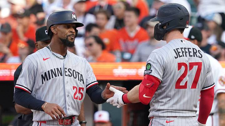 Mar 26, 2026; Baltimore, Maryland, USA; Minnesota Twins outfielder Byron Buxton (25) greeted by catcher Ryan Jeffers (27) after scoring a run during the eighth inning against the Baltimore Orioles at Oriole Park at Camden Yards. Mandatory Credit: Mitch Stringer-Imagn Images