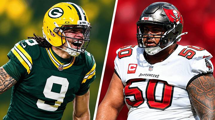 Green Bay Packers wide receiver Christian Watson (L) and Tampa Bay Buccaneers defensive tackle Vita Vea (R) Green Bay Packers wide receiver Christian Watson (L) and Tampa Bay Buccaneers defensive tackle Vita Vea (R)