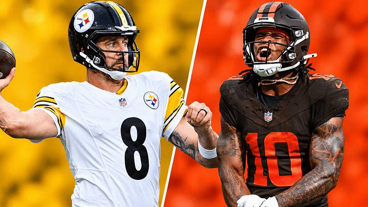Pittsburgh Steelers QB Aaron Rodgers (L) and Cleveland Browns RB Quinshon Judkins