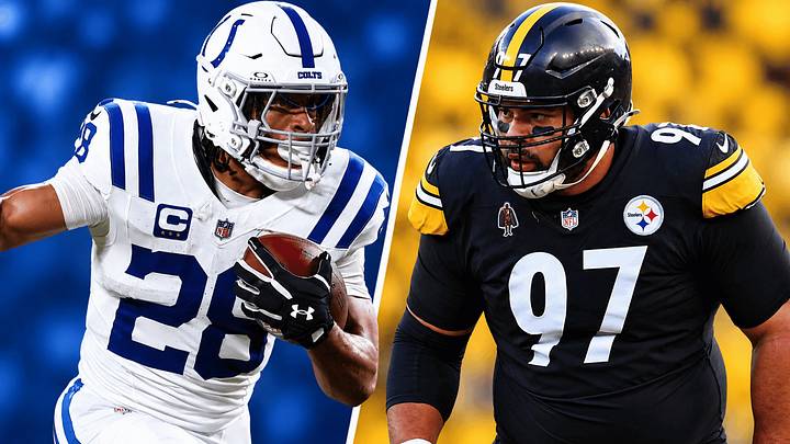 Indianapolis Colts RB Jonathan Taylor (L) and Pittsburgh Steelers DL Cameron Heyward