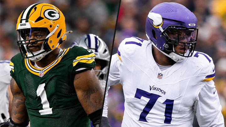 Green Bay Packers edge rusher Micah Parsons (L) and Minnesota Vikings left tackle Christian Darriaw (R)