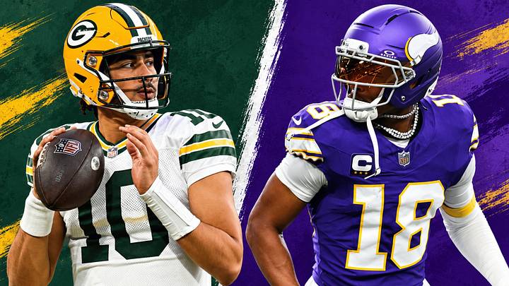 Green Bay Packers QB Jordan Love (L) and Minnesota Vikings WR Justin Jefferson (R) Green Bay Packers QB Jordan Love (L) and Minnesota Vikings WR Justin Jefferson (R)