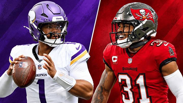 Minnesota Vikings QB Kyler Murray (L) and Tampa Bay Buccaneers safety Antoine Winfield Jr. (R)