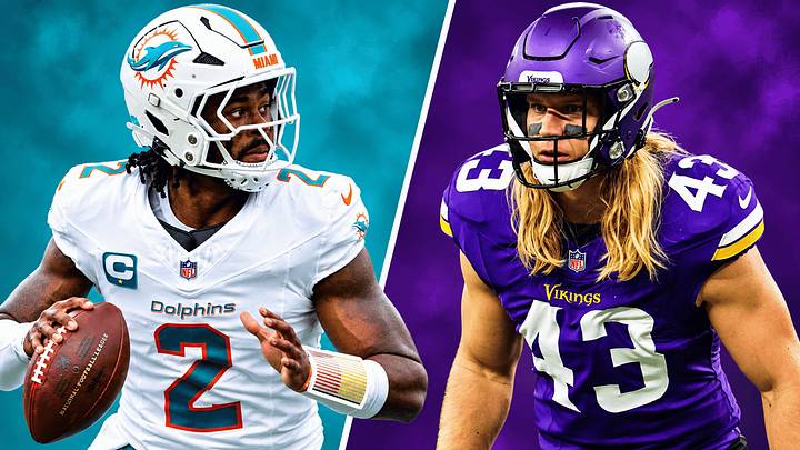 Miami Dolphins QB Malik Willis (L) and Minnesota Vikings edge rusher Andrew Van Ginkel (R)