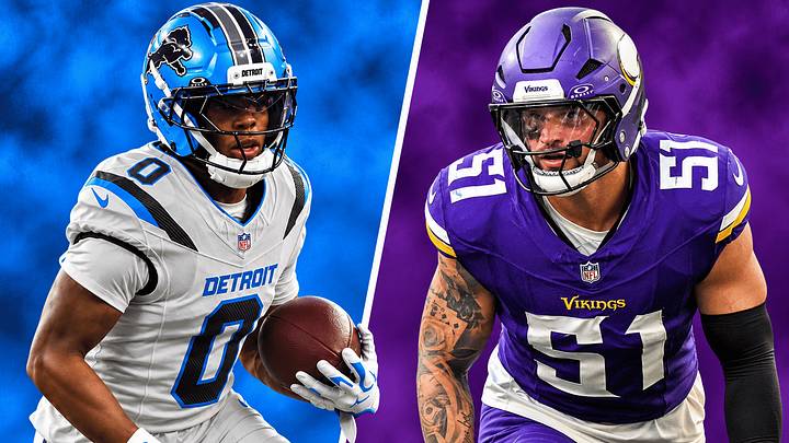 Detroit Lions RB Jahmyr Gibbs (L) and Minnesota Vikings LB Blake Cashman Detroit Lions RB Jahmyr Gibbs (L) and Minnesota Vikings LB Blake Cashman