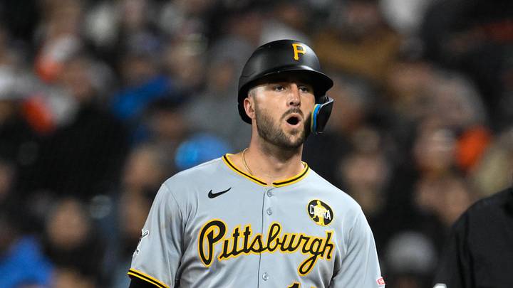 San Francisco, California, USA; Pittsburgh Pirates catcher Joey Bart (14) celebrates an RBI single against the San Francisco Giants during the eighth inning at Oracle Park. Mandatory Credit: Eakin Howard-Imagn Images