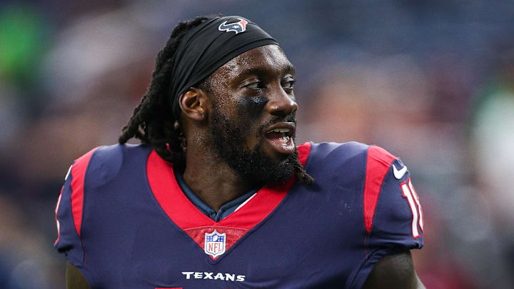 Aug 18, 2018; Houston, TX, USA; Houston Texans wide receiver Sammie Coates (18) warms up before a game against the San Francisco 49ers at NRG Stadium. Mandatory Credit: Troy Taormina-Imagn Images