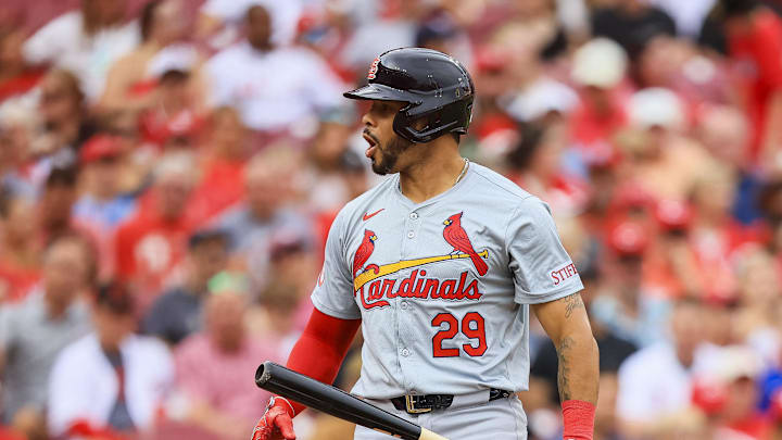 Aug 12, 2024; Cincinnati, Ohio, USA; St. Louis Cardinals outfielder Tommy Pham (29) reacts after striking out in the first inning against the Cincinnati Reds at Great American Ball Park. Mandatory Credit: Katie Stratman-Imagn Images