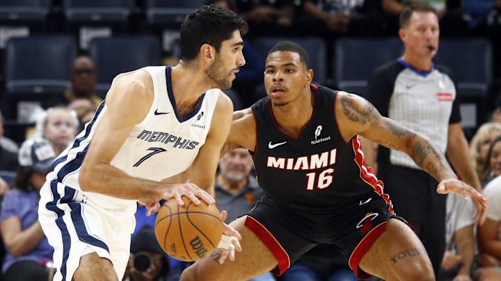 Oct 18, 2024; Memphis, Tennessee, USA; Memphis Grizzlies forward Santi Aldama (7) dribbles as Miami Heat forward Keshad Johnson (16) defends during the first half at FedExForum