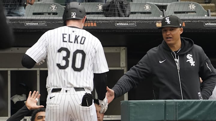 Chicago White Sox first baseman Tim Elko (30) celebrates with manager Will Venable (1) after hitting a home run against the Seattle Mariners at Rate Field. Chicago White Sox first baseman Tim Elko (30) celebrates with manager Will Venable (1) after hitting a home run against the Seattle Mariners at Rate Field.
