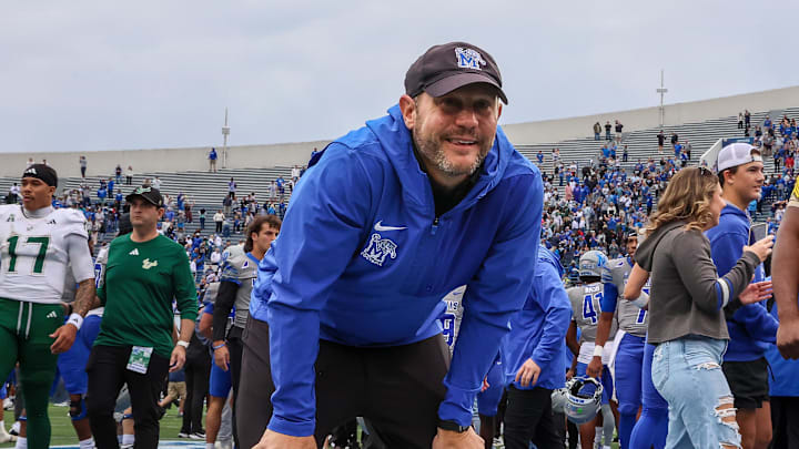 Oct 25, 2025; Memphis, Tennessee, USA; Memphis Tigers Head Coach Ryan Silverfield reacts on the field after defeating the South Florida Bulls at Simmons Bank Liberty Stadium. Mandatory Credit: Wesley Hale-Imagn Images