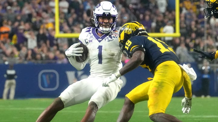 Dec 31, 2022; Glendale, Arizona, USA; TCU Horned Frogs receiver Quentin Johnston (1).