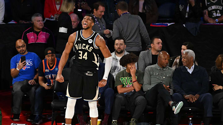 Dec 17, 2024; Las Vegas, Nevada, USA; Milwaukee Bucks forward Giannis Antetokounmpo (34) celebrates after winning the Emirates NBA Cup championship game against the Oklahoma City Thunder at T-Mobile Arena. Mandatory Credit: Candice Ward-Imagn Images
