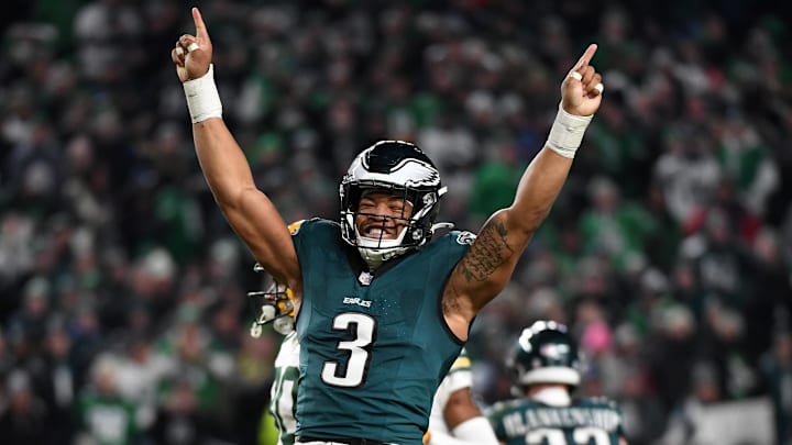 Jan 12, 2025; Philadelphia, Pennsylvania, USA; Philadelphia Eagles linebacker Nolan Smith Jr. (3) reacts against the Green Bay Packers during the second half in an NFC wild card game at Lincoln Financial Field. Mandatory Credit: Eric Hartline-Imagn Images Jan 12, 2025; Philadelphia, Pennsylvania, USA; Philadelphia Eagles linebacker Nolan Smith Jr. (3) reacts against the Green Bay Packers during the second half in an NFC wild card game at Lincoln Financial Field. Mandatory Credit: Eric Hartline-Imagn Images