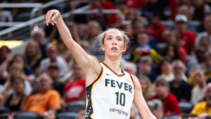 Jul 9, 2025; Indianapolis, Indiana, USA; Indiana Fever guard Lexie Hull (10) celebrates a made basket in the first half against Golden State Valkyries at Gainbridge Fieldhouse. Mandatory Credit: Trevor Ruszkowski-Imagn Images Jul 9, 2025; Indianapolis, Indiana, USA; Indiana Fever guard Lexie Hull (10) celebrates a made basket in the first half against Golden State Valkyries at Gainbridge Fieldhouse. Mandatory Credit: Trevor Ruszkowski-Imagn Images