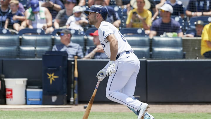 May 25, 2025; St. Petersburg, Florida, USA;  Tampa Bay Rays second base Brandon Lowe (8) hits a 2-run home run ]d1i against the Toronto Blue Jays at George M. Steinbrenner Field. Mandatory Credit: Kim Klement Neitzel-Imagn Images