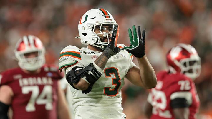 Jan 19, 2026; Miami Gardens, FL, USA; Miami Hurricanes defensive lineman Akheem Mesidor (3) celebrates after a sack against the Indiana Hoosiers in the third quarter during the College Football Playoff National Championship game at Hard Rock Stadium. Mandatory Credit: Sam Navarro-Imagn Images