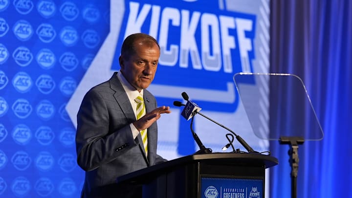 Jul 22, 2024; Charlotte, NC, USA; ACC commissioner Jim Phillips speaks to the media during ACC Kickoff at Hilton Charlotte Uptown. Mandatory Credit: Jim Dedmon-Imagn Images