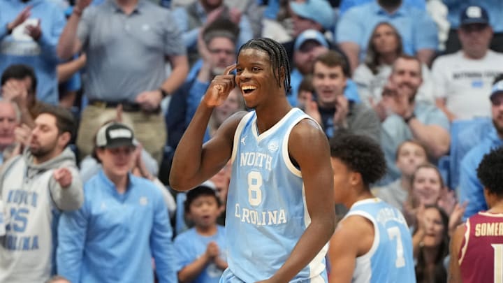 Dec 30, 2025; Chapel Hill, North Carolina, USA; North Carolina Tar Heels forward Caleb Wilson (8) reacts in the first half at Dean E. Smith Center. Mandatory Credit: Bob Donnan-Imagn Images