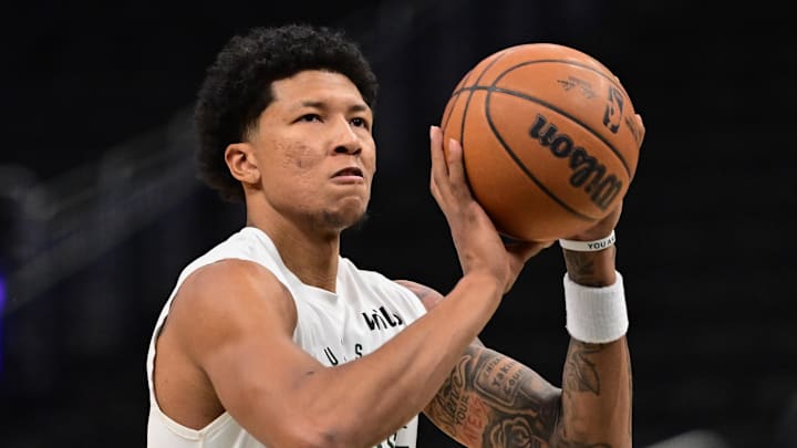 Jan 14, 2025; Milwaukee, Wisconsin, USA; Milwaukee Bucks guard MarJon Beauchamp (3) warms up before game against the Sacramento Kings at Fiserv Forum. Mandatory Credit: Benny Sieu-Imagn Images